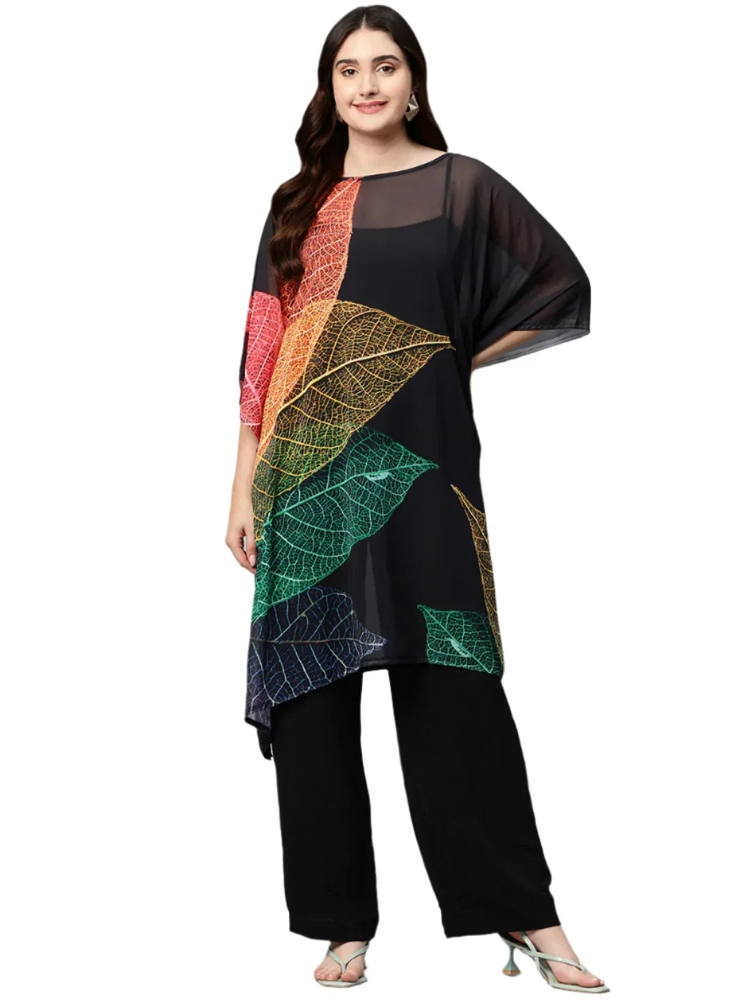 Women's tropical print georgette kaftan dress — breezy beach cover-up, free size M to 3XL India