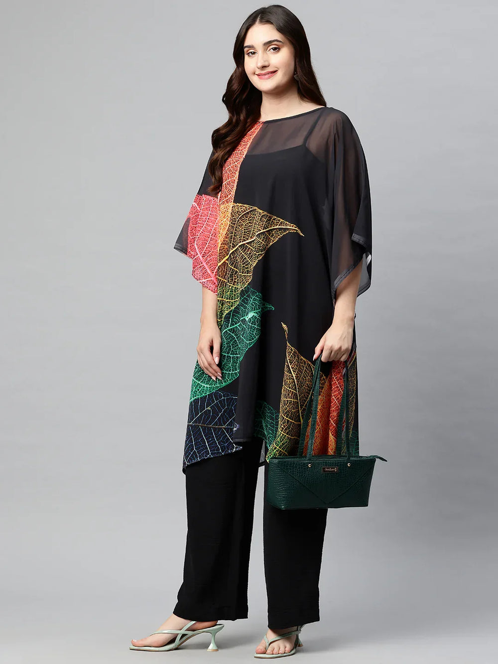 Tropical print georgette kaftan side view — flowing maxi silhouette women's beach wear