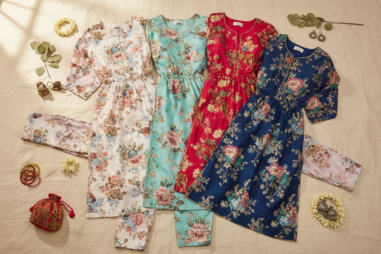 Collection of floral dresses and pants on a beige surface with decorative items.