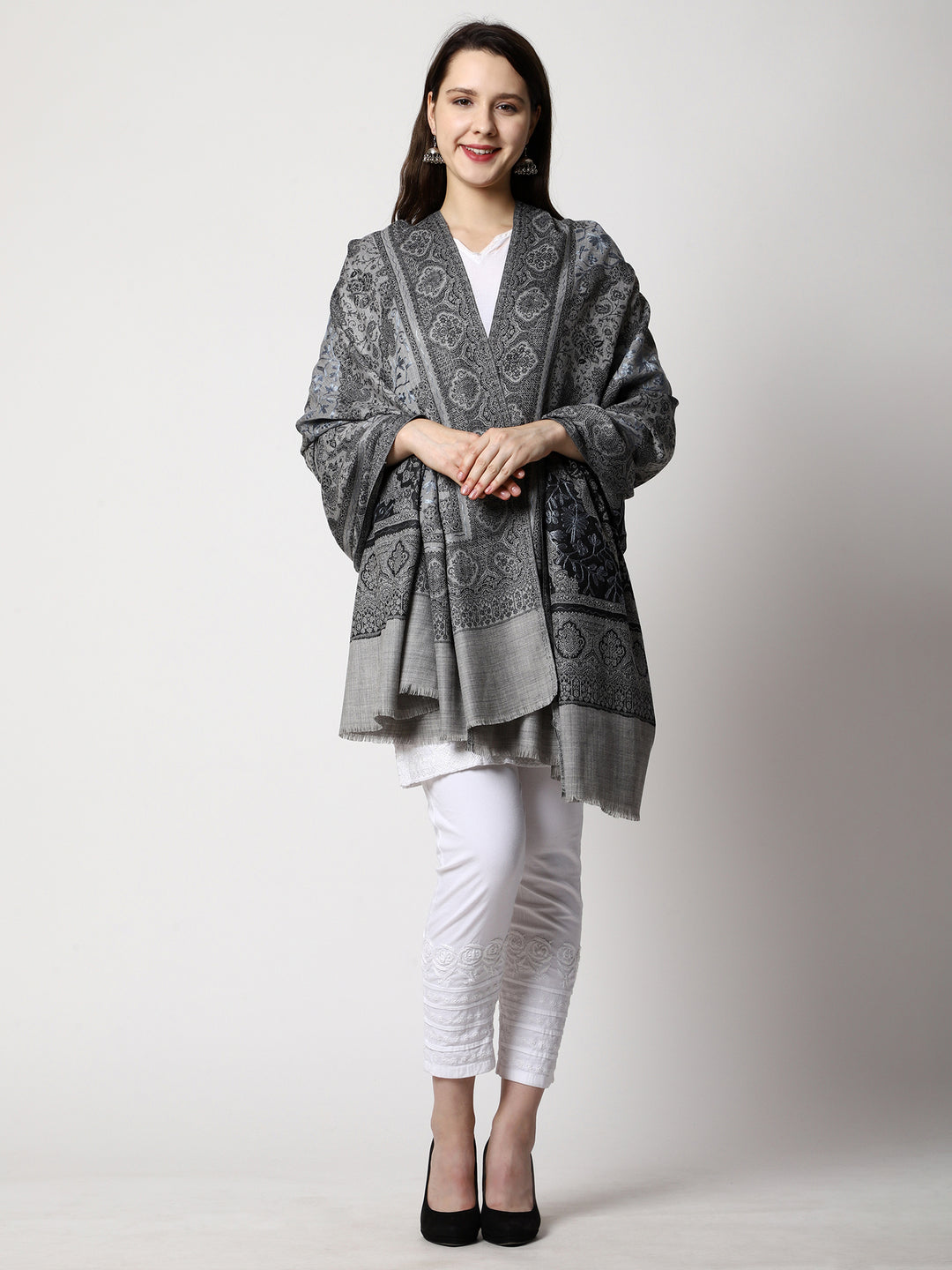 Women's Aari Embroidery Jammawar Wool Shawl