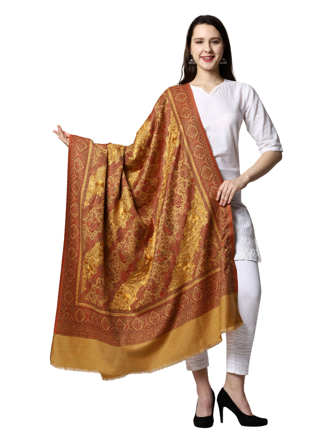 Women's Aari Embroidery Jammawar Wool Shawl