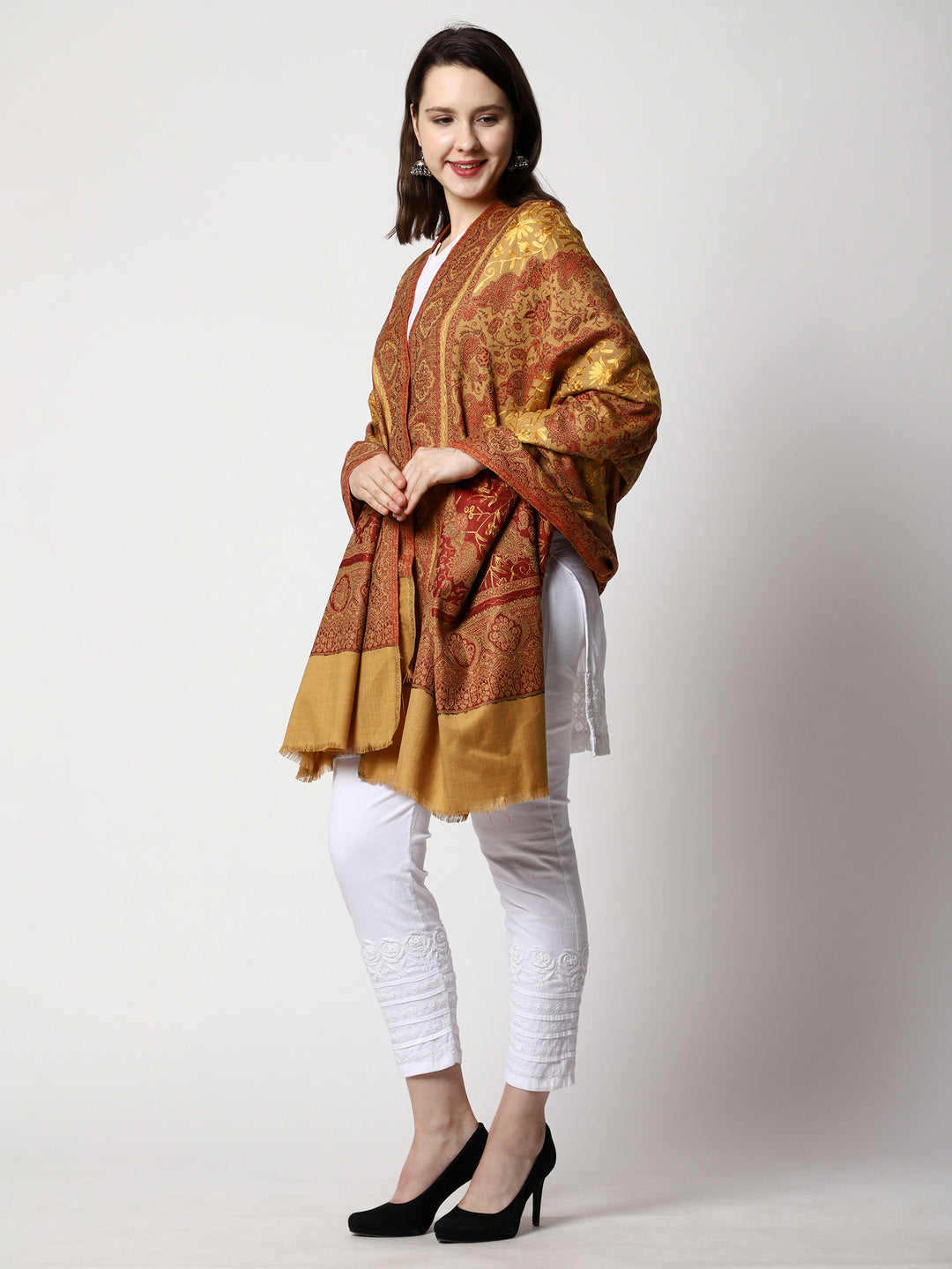 Women's Aari Embroidery Jammawar Wool Shawl