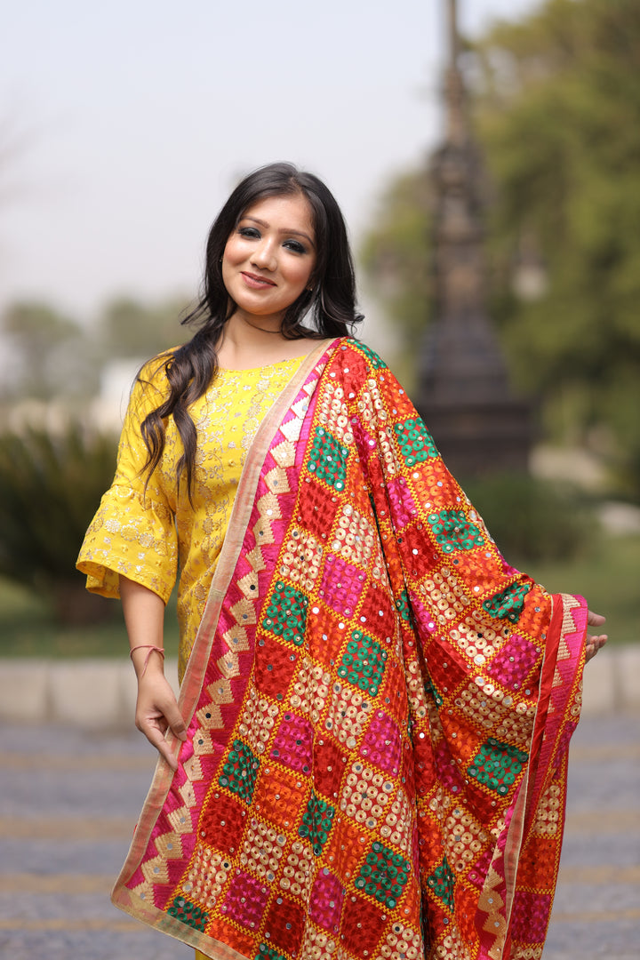 महिलाओं के लिए फुलकारी कढ़ाई वाला शिफॉन दुपट्टा